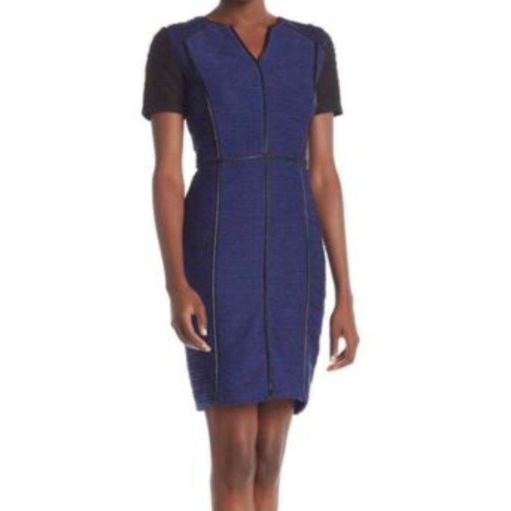 FOCUS BY SHANI Dress Blue Colorblock Ottoman Textured Sheath Dress Size 4